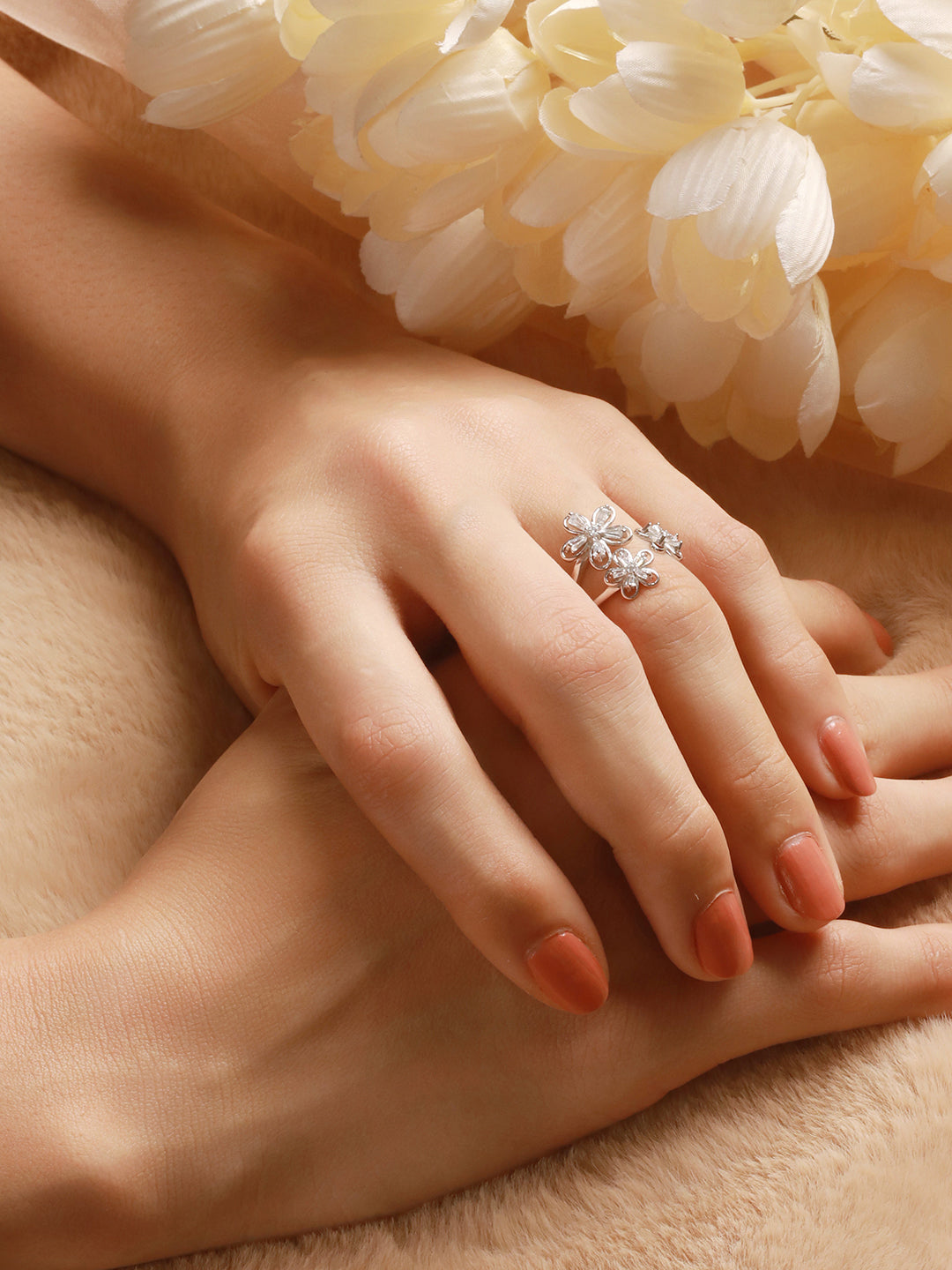 925 Sterling Silver  AD Studded Garden Flowers Proposal Adjustable Finger Rings