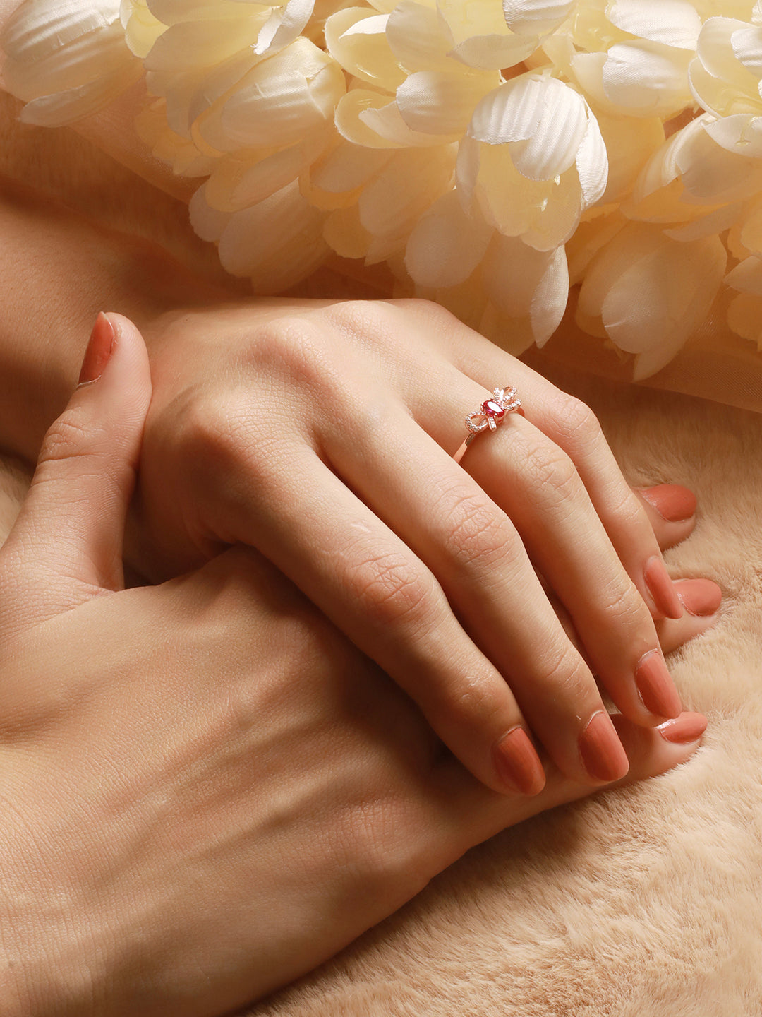 925 Sterling Silver Red Ruby Studded Rose gold Plated  Cherry Bow Adjustable Finger Ring