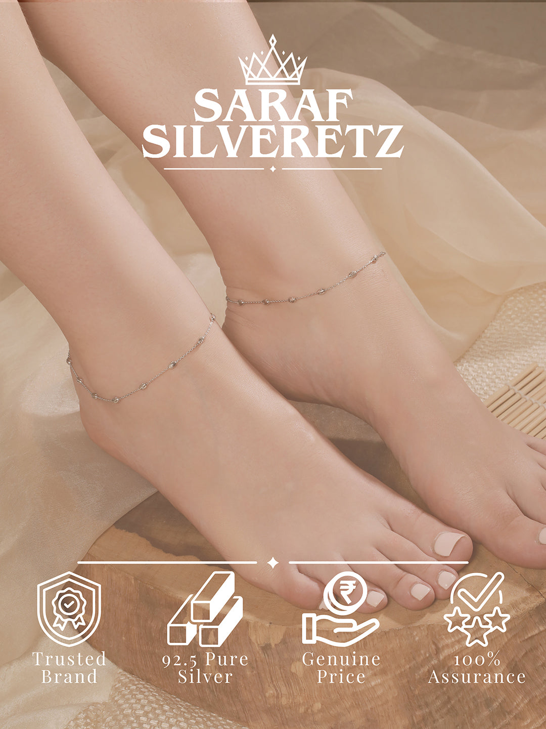 925 Sterling Silver Ball Chain Delicate Designer   Minimal Anklet Pair