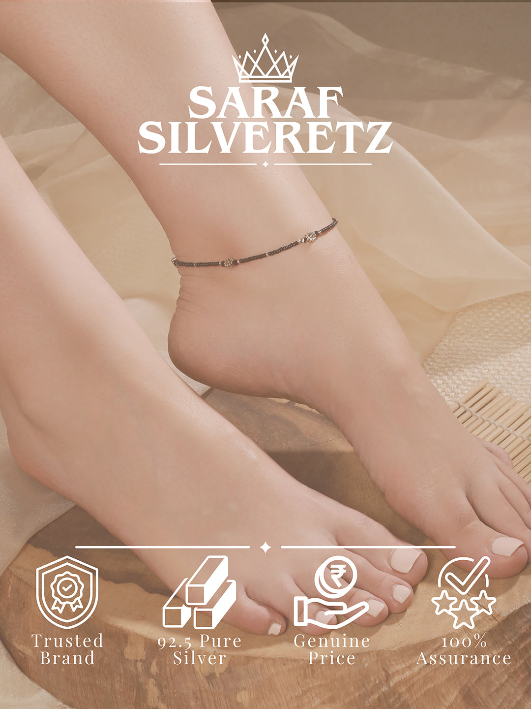 925 Sterling Silver Oxidised Charms  Black Beads Flower Minimal Dailywear Anklet