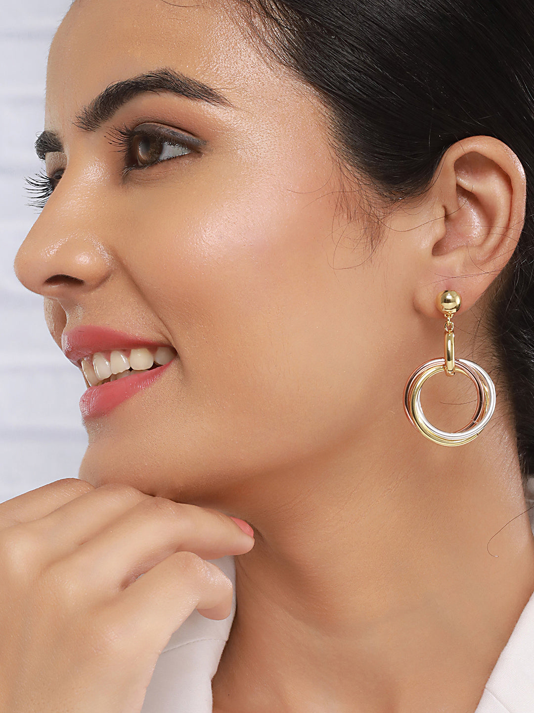 Anti-Tarnish 3 Toned Gold Plated Twisted Round Double Circle Chunky Drop Hoop Earrings