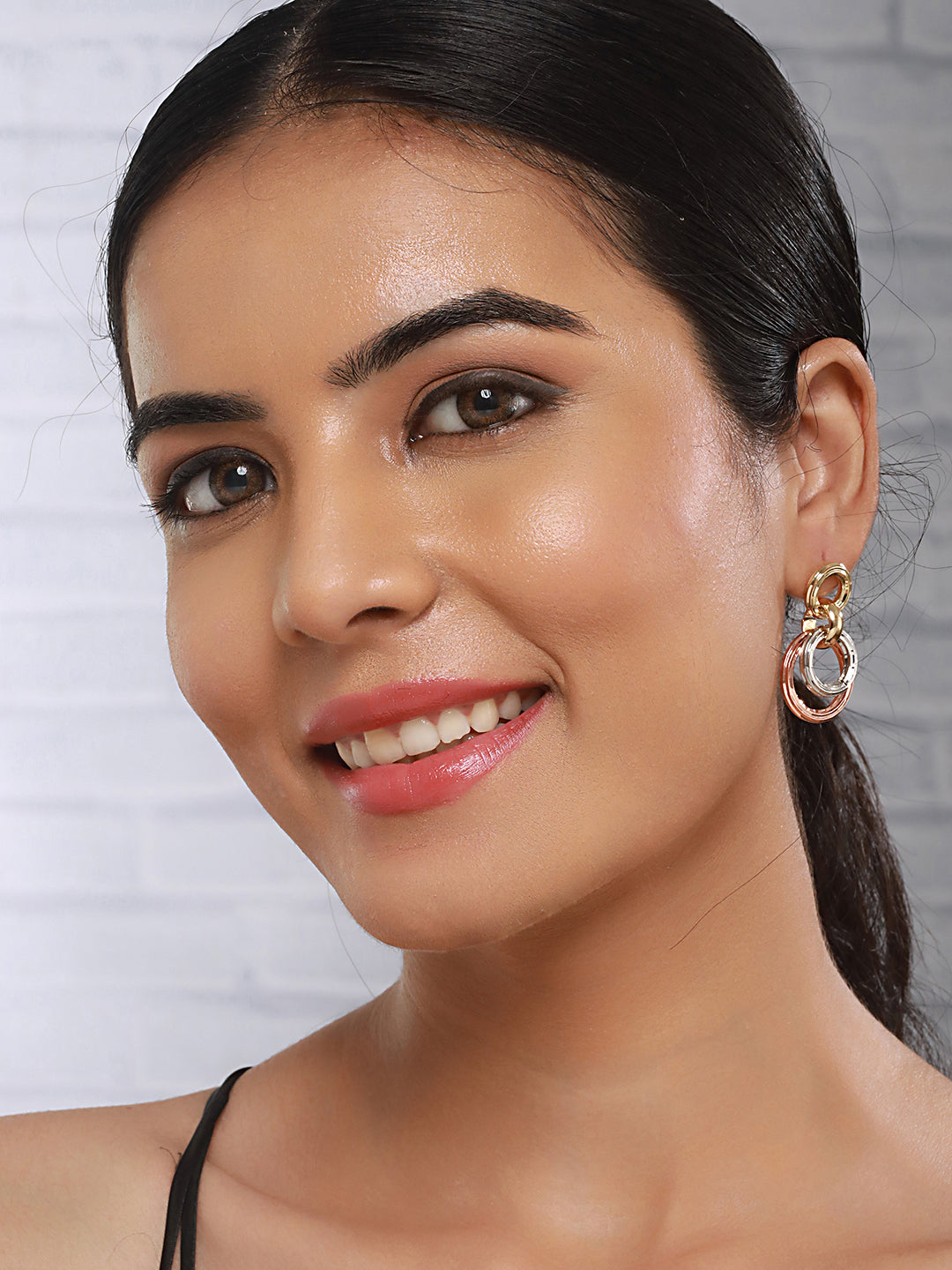 Anti-Tarnish Rose Gold 3 Toned Circular Hoops Drop Earrings