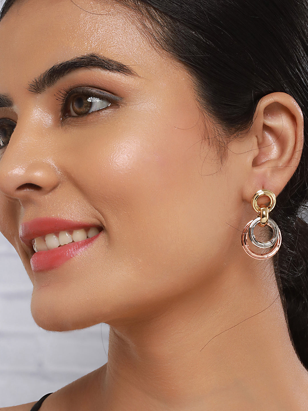 Anti-Tarnish Rose Gold 3 Toned Circular Hoops Drop Earrings