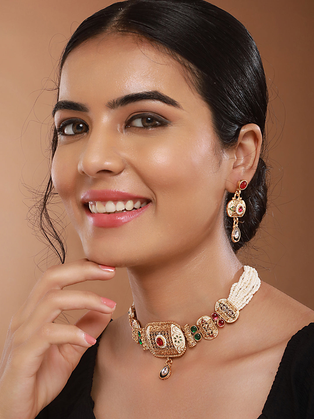 Gold Plated Fusion Stone Studded Filigree Choker Jewellery Set