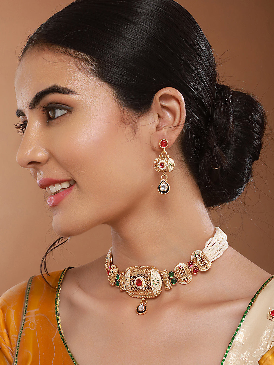 Gold Plated Fusion Stone Studded Filigree Choker Jewellery Set