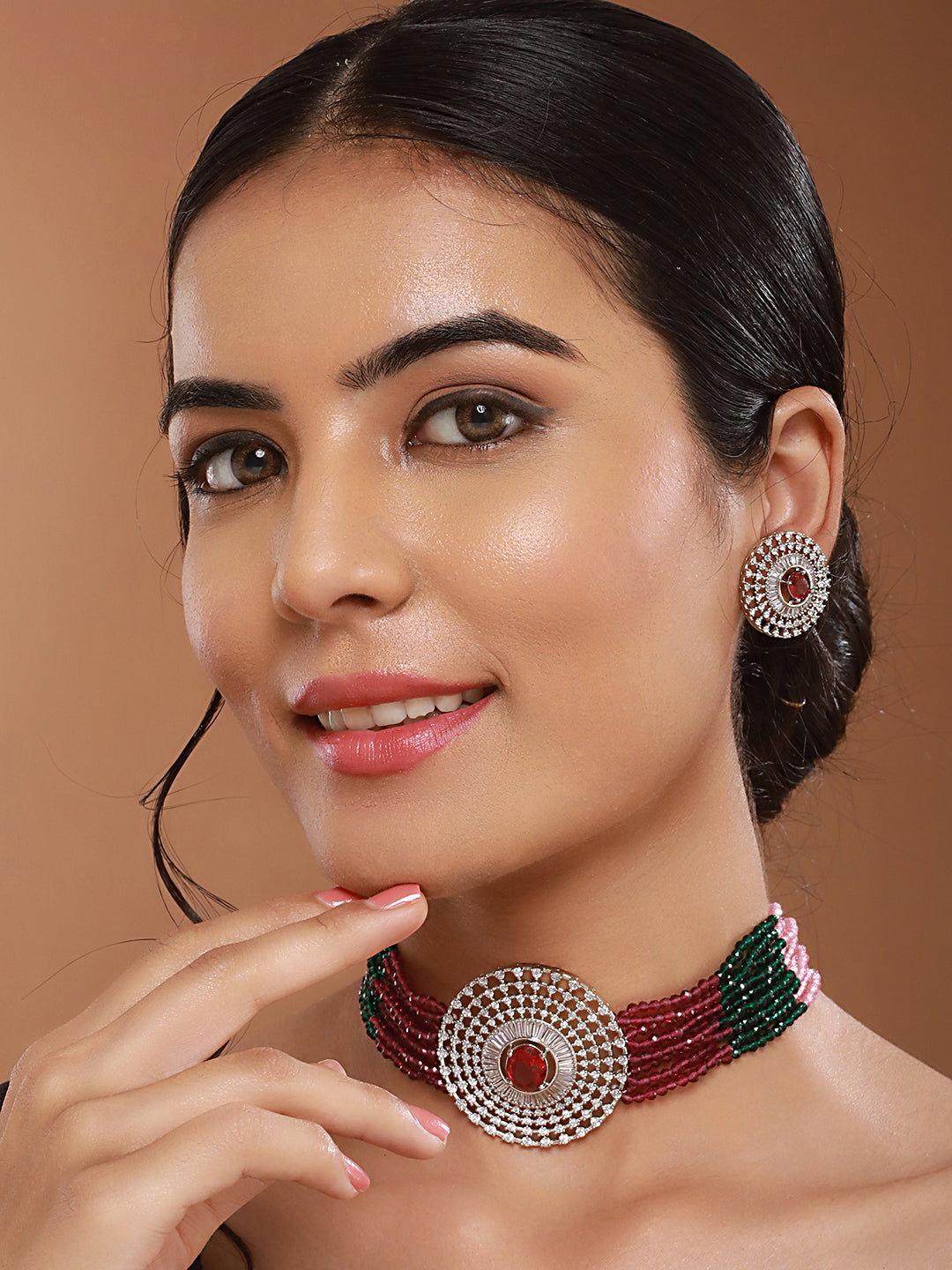 Silver Plated Ruby Red Studded Pearl Beaded Studds Earrings With Choker Jewellery Set