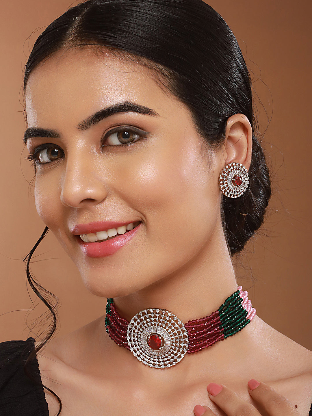 Silver Plated Ruby Red Studded Pearl Beaded Studds Earrings With Choker Jewellery Set