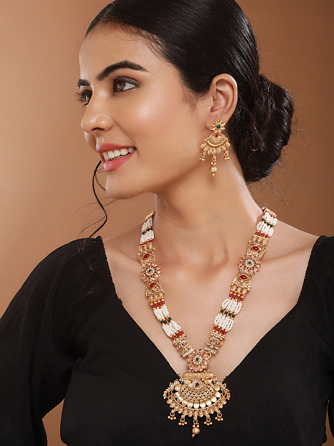 Gold Plated Fusion Stone Studded Filigree Long Maala  Bridal  Jewellery Set