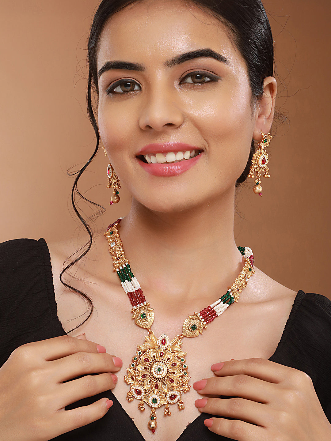 Gold Plated Fusion Stone Studded Pendant Long Maala Bridal  Jewellery Set