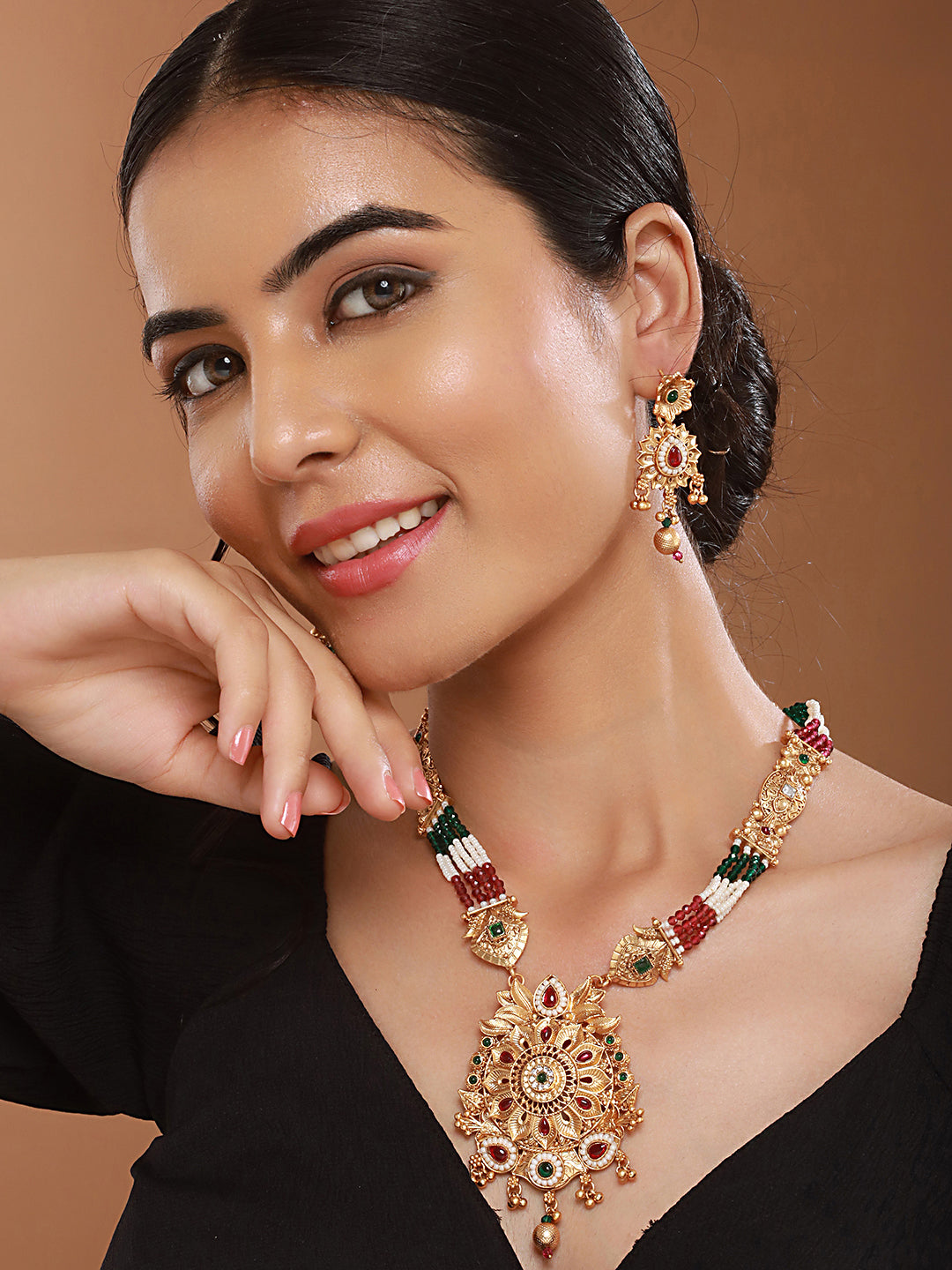 Gold Plated Fusion Stone Studded Pendant Long Maala Bridal  Jewellery Set