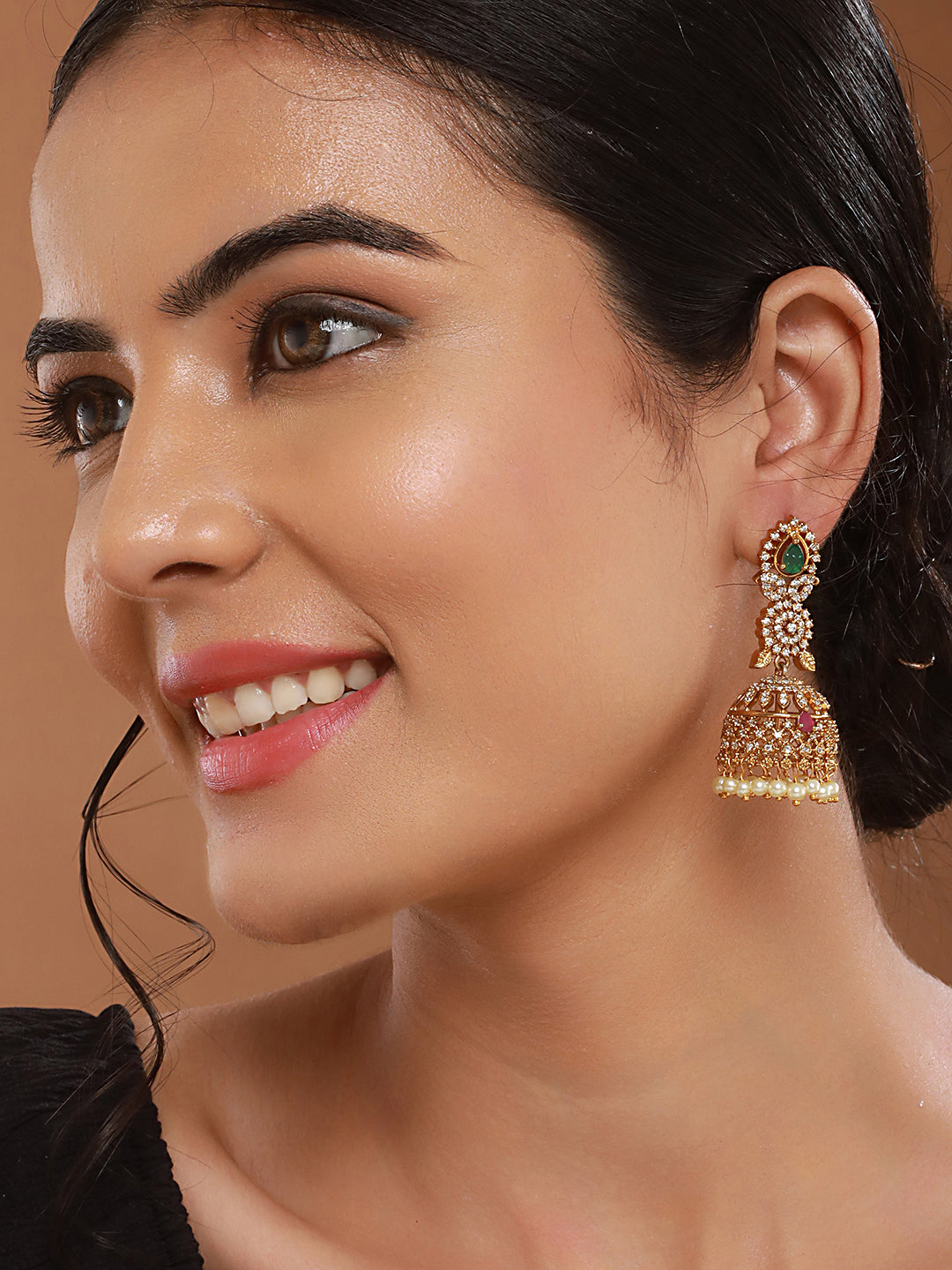 Gold Plated Green Zircon Studded Pearl Beaded Dangler  Earrings