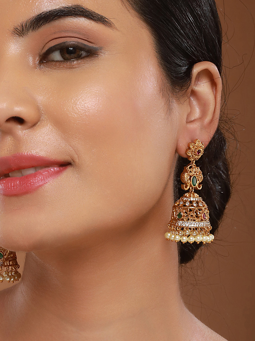 Antique Gold Polish  Zircon Studded Pearl Beaded  Floral Dangling   Earring