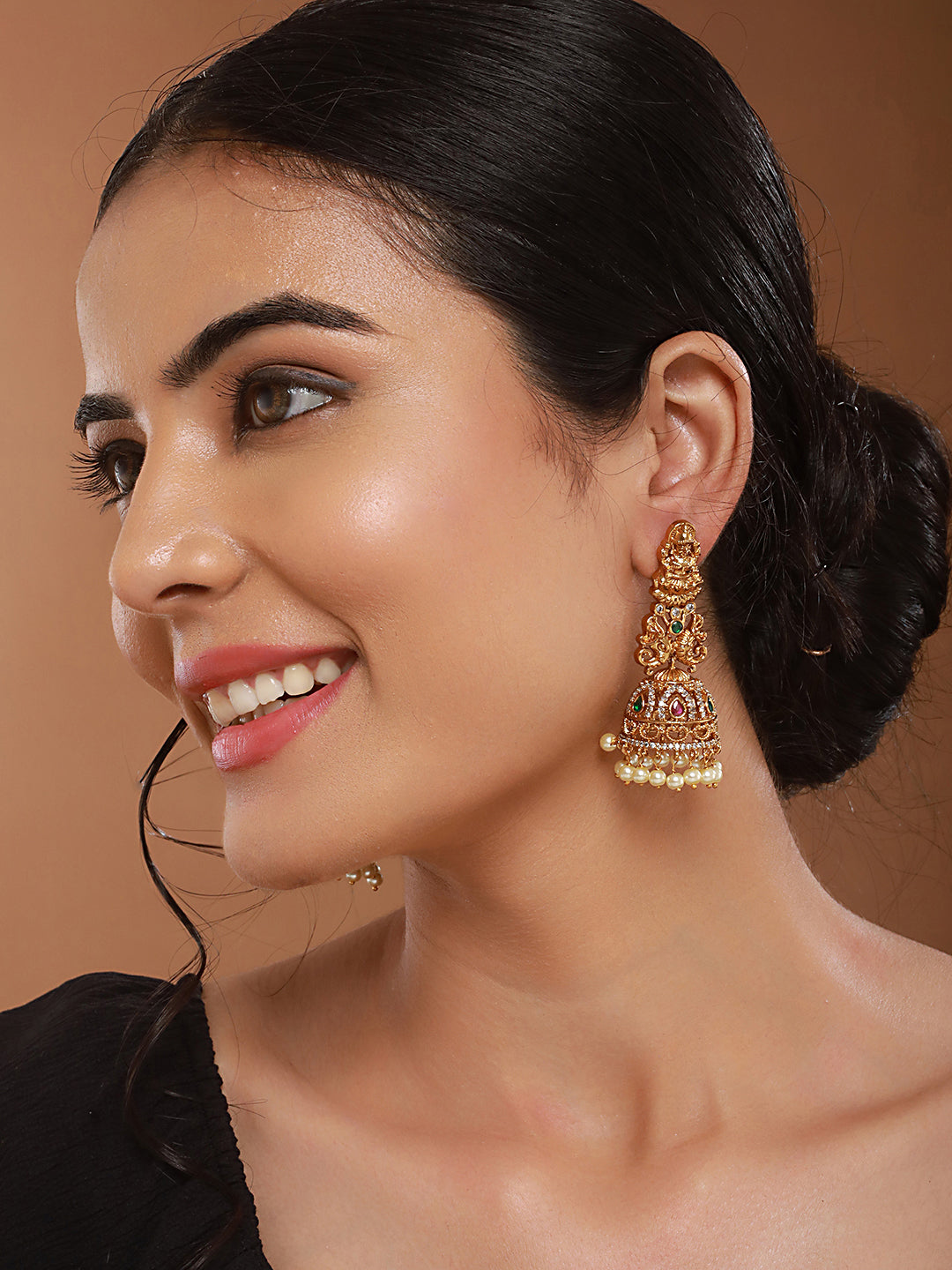 Gold Matt Polish Zircon Studded Lakshmiji Motif Designer Danggling  Earring