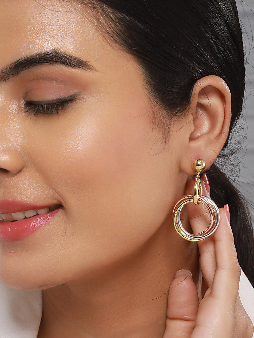 Anti-Tarnish 3 Toned Gold Plated Twisted Round Double Circle Chunky Drop Hoop Earrings