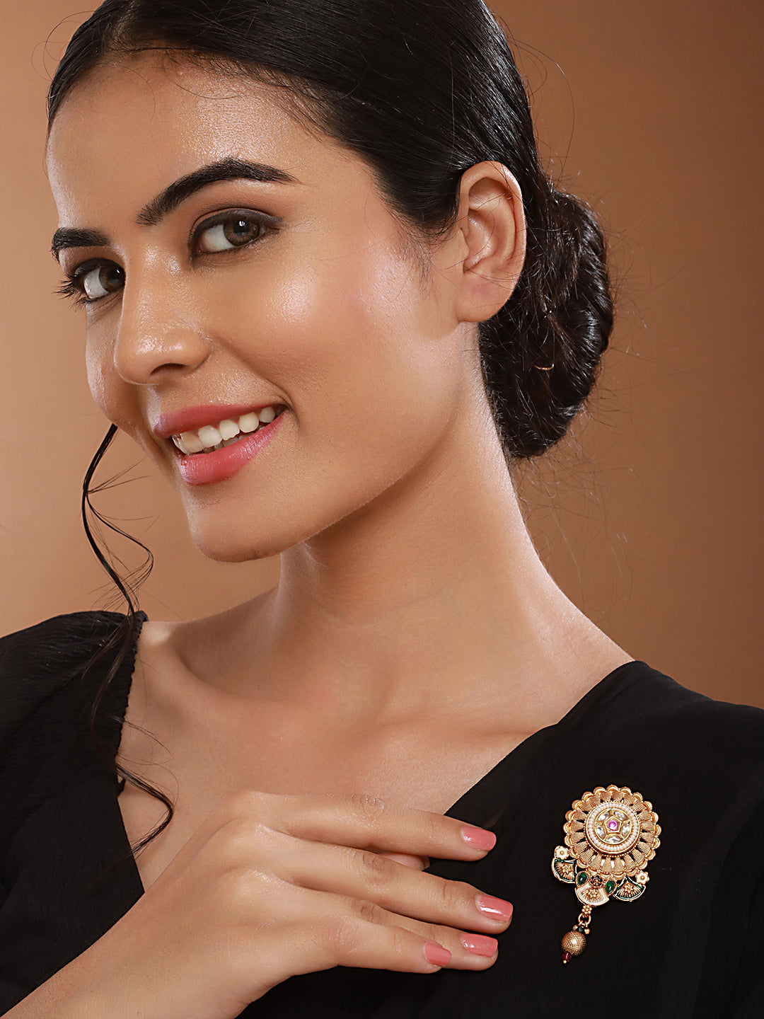 Gold Plated Kundan & Pearl Beaded Floral Broach Saree Pin