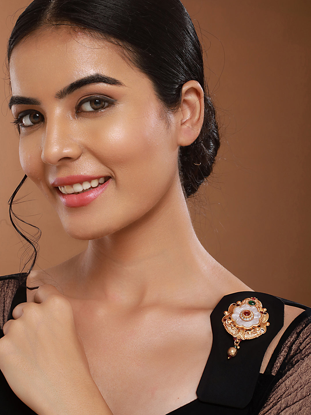 Gold Toned Red Stone Floral Handcrafted Broach Saree Pin