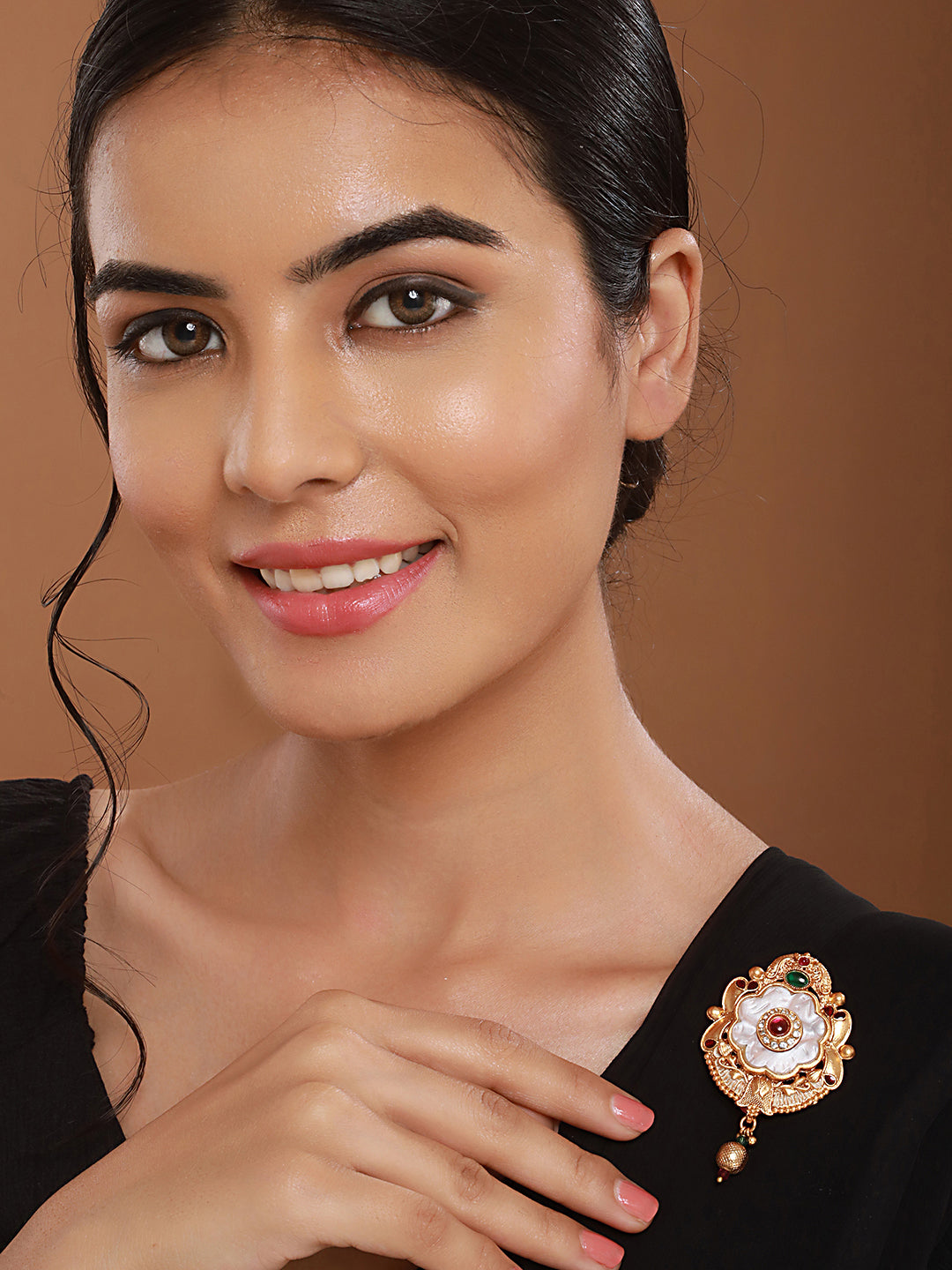 Gold Toned Red Stone Floral Handcrafted Broach Saree Pin