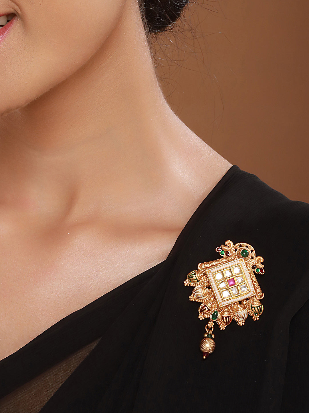 Gold Toned Kundan & Pearl Beaded Peacock Design Broach Saree Pin