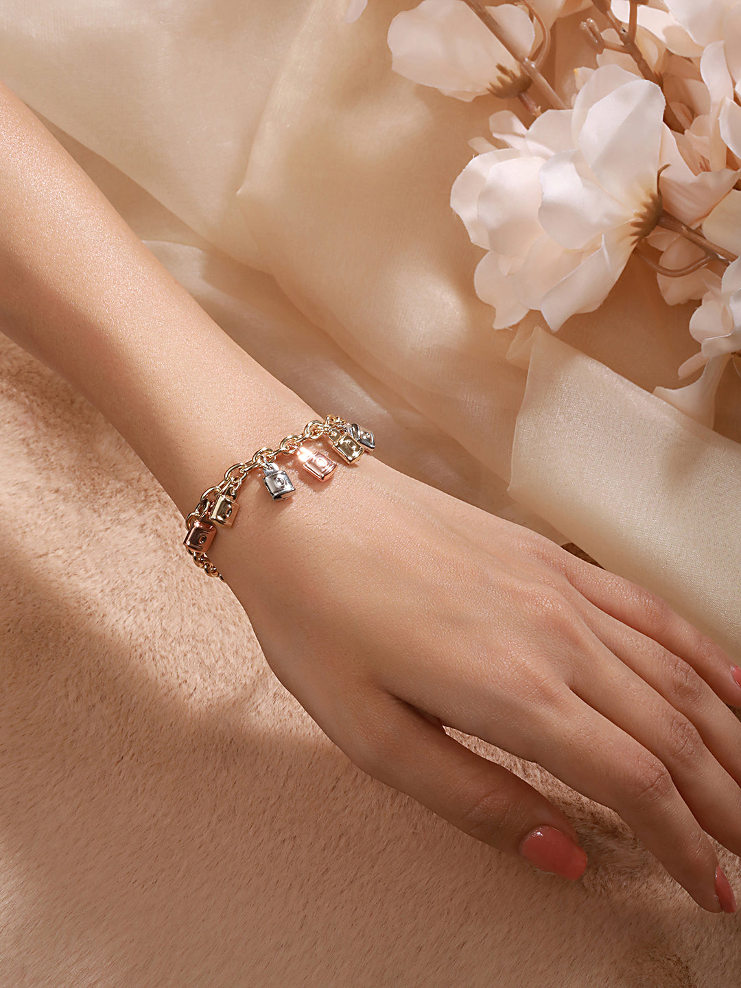 Anti-Tarnish Gold Plated Engraved Lock Charms Allover Wraparound Bracelet