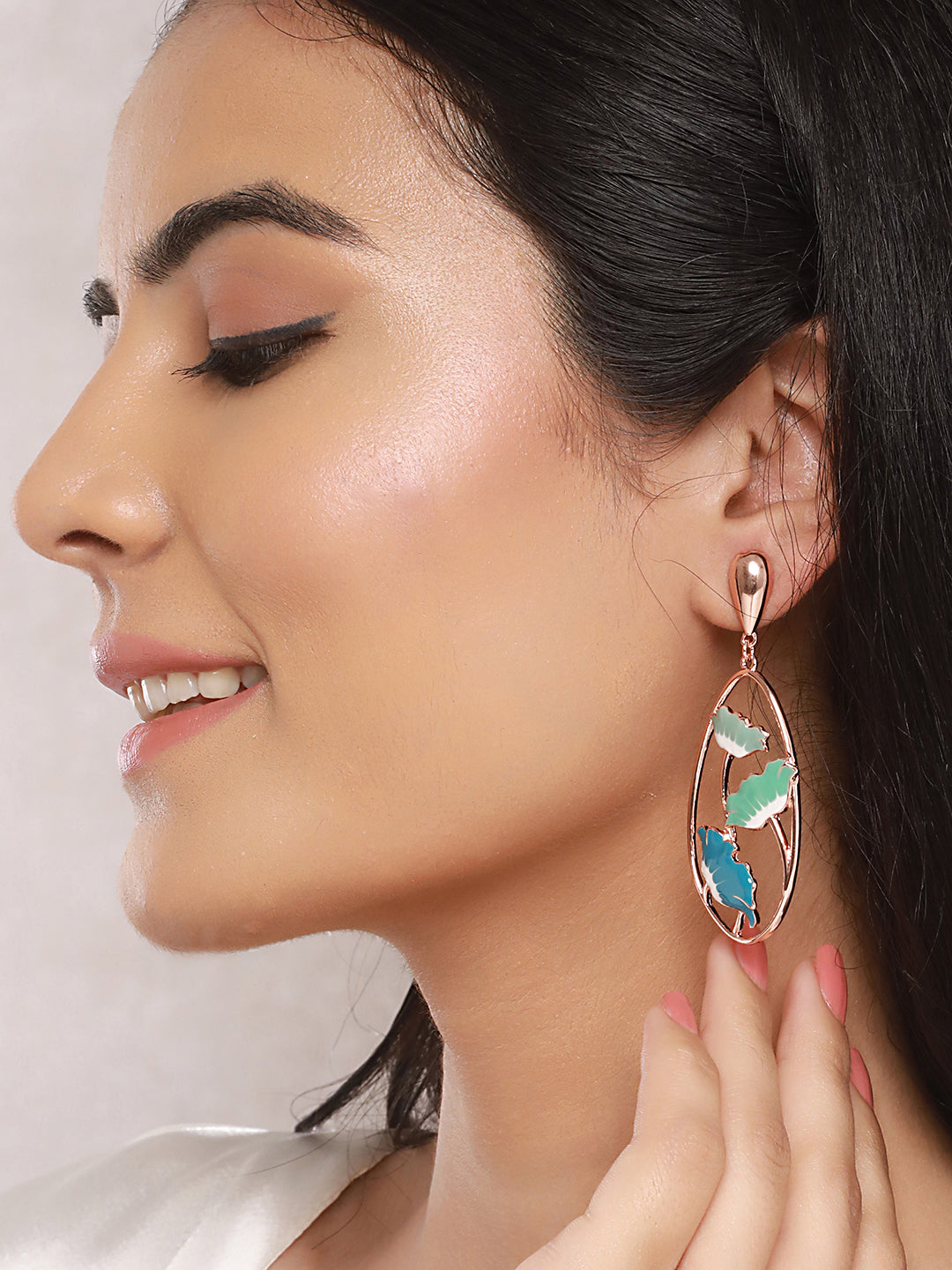 Anti-Tarnish Gold Plated  Blue  Enamelled Floral Statement Luxe Drop  Earrings