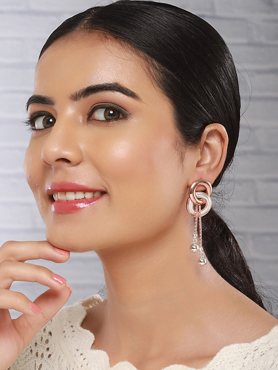 Anti-Tarnish Rose Gold 2 Toned Circular Knotted  Dangling Earrings