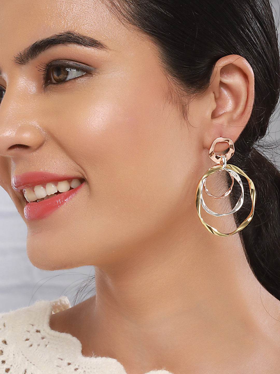 Anti-Tarnish 3 Tone Concentric Handmade Dangler Hoop Earrings