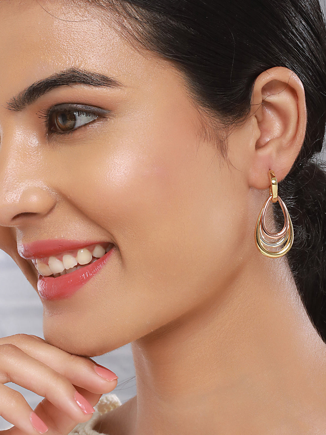 Anti-Tarnish Tri Gold Plated Concentric Drop Shaped Dangler Hoop Earrings