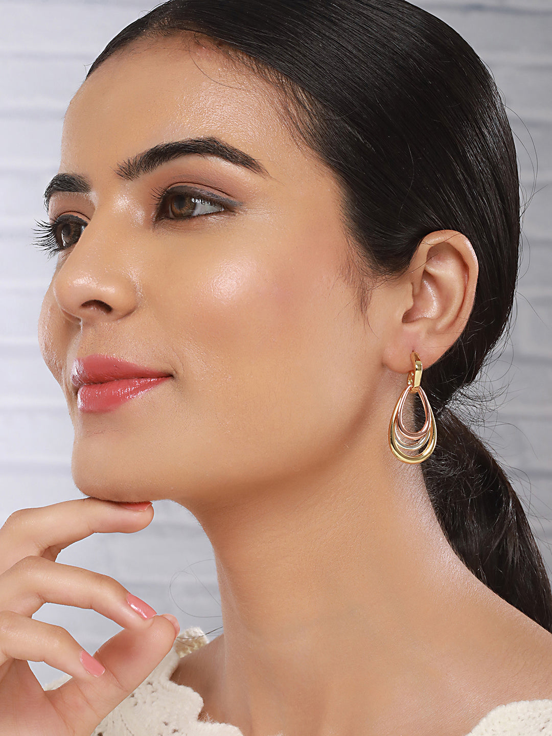 Anti-Tarnish Tri Gold Plated Concentric Drop Shaped Dangler Hoop Earrings