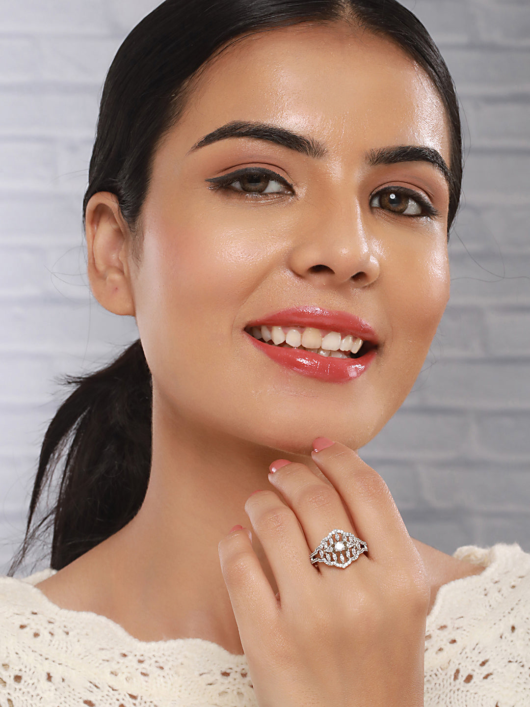 Silver Plated AD Studded Floral Delicate Engagement Finger BandRing