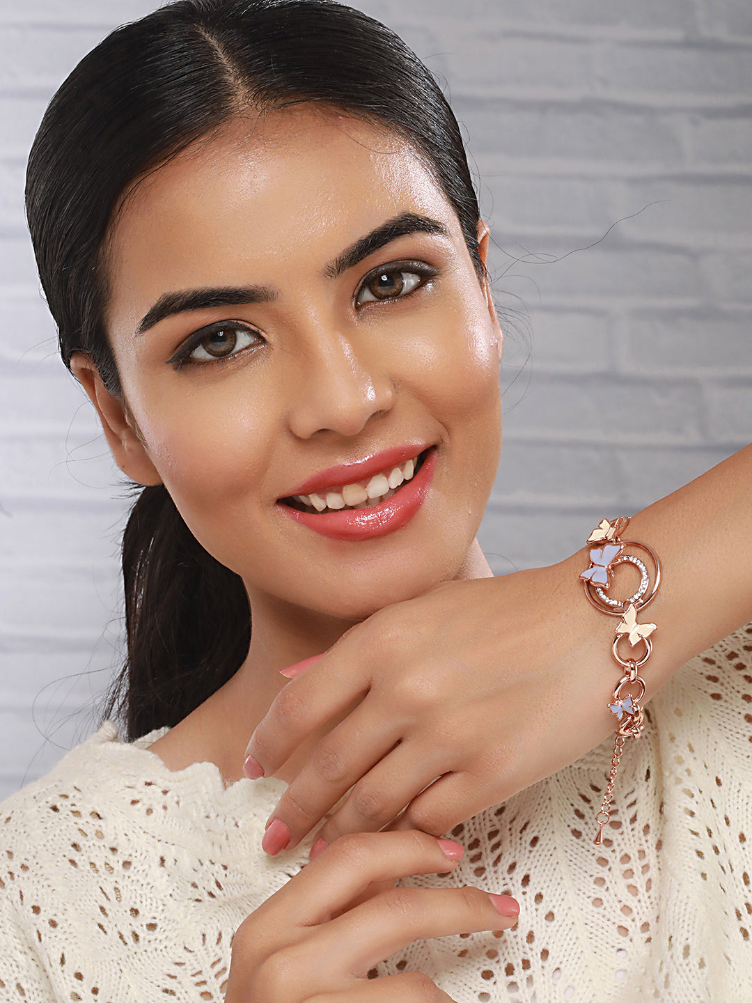 Anti-Tarnish Rose Gold Plated Halo Butterfly Charm Link Bracelet