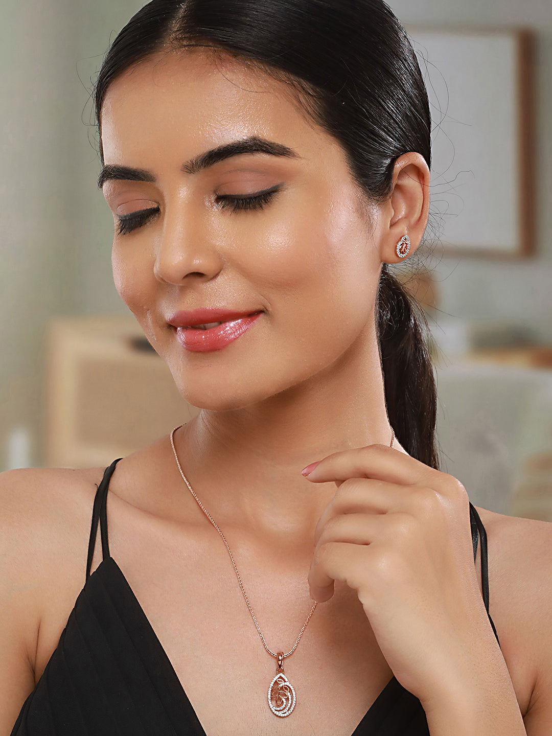 Rose Gold Plated AD Studded Minimal Locket Jewellery Set