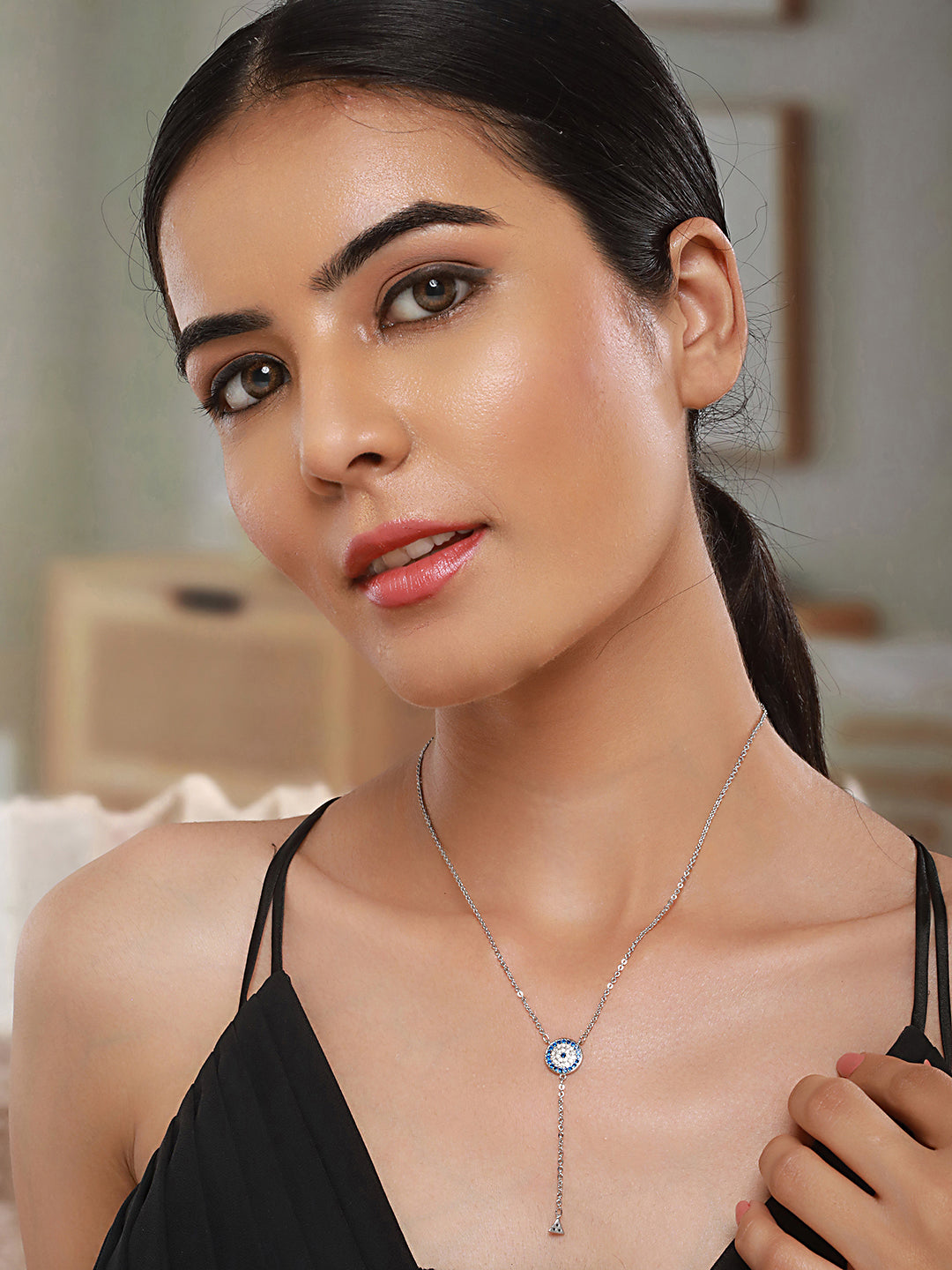 Anti-Tarnish Silver Plated AD Studded Delicate Dangling Evil Eye Necklace