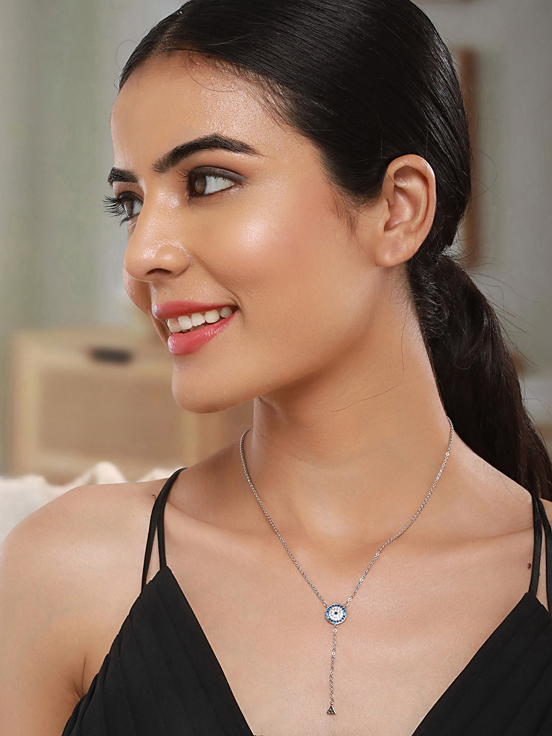 Anti-Tarnish Silver Plated AD Studded Delicate Dangling Evil Eye Necklace