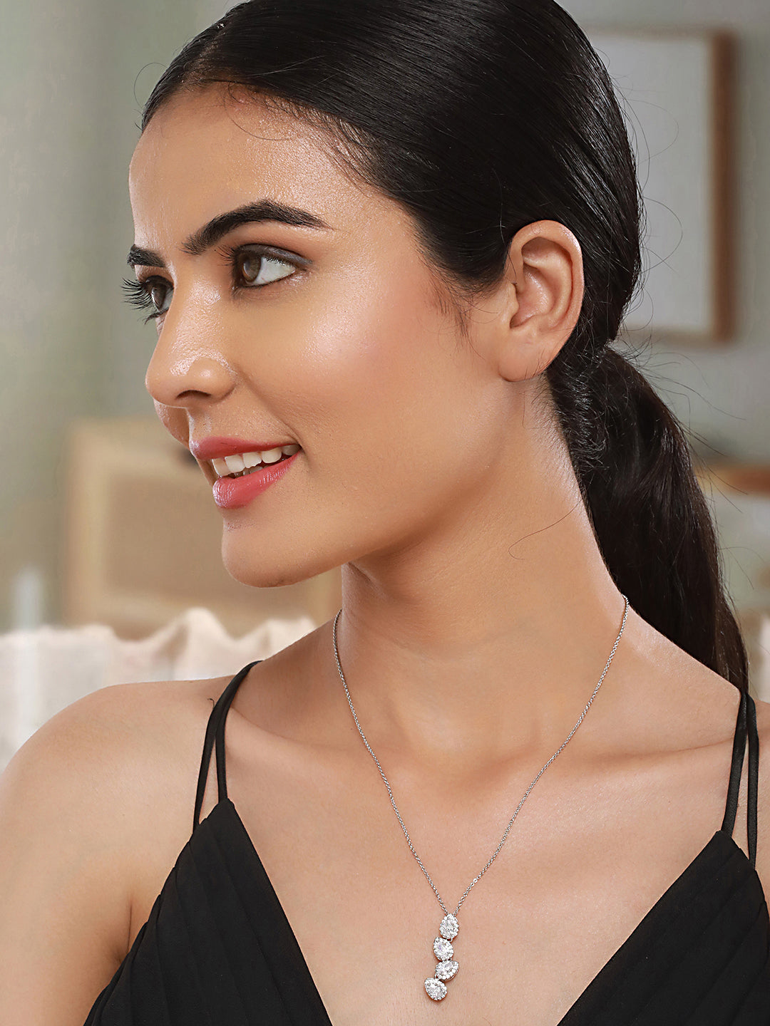 Anti-Tarnish Silver Plated AD Studded Delicate Solitaire Leaf Pendant Necklace