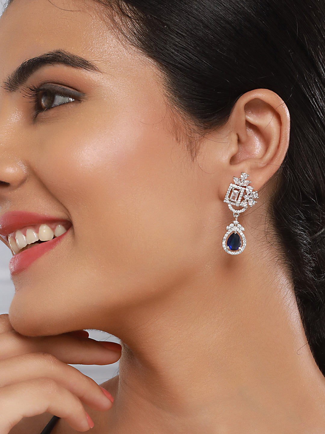 Silver Toned Blue AD Studded Luxe Quirky Drop Earrings