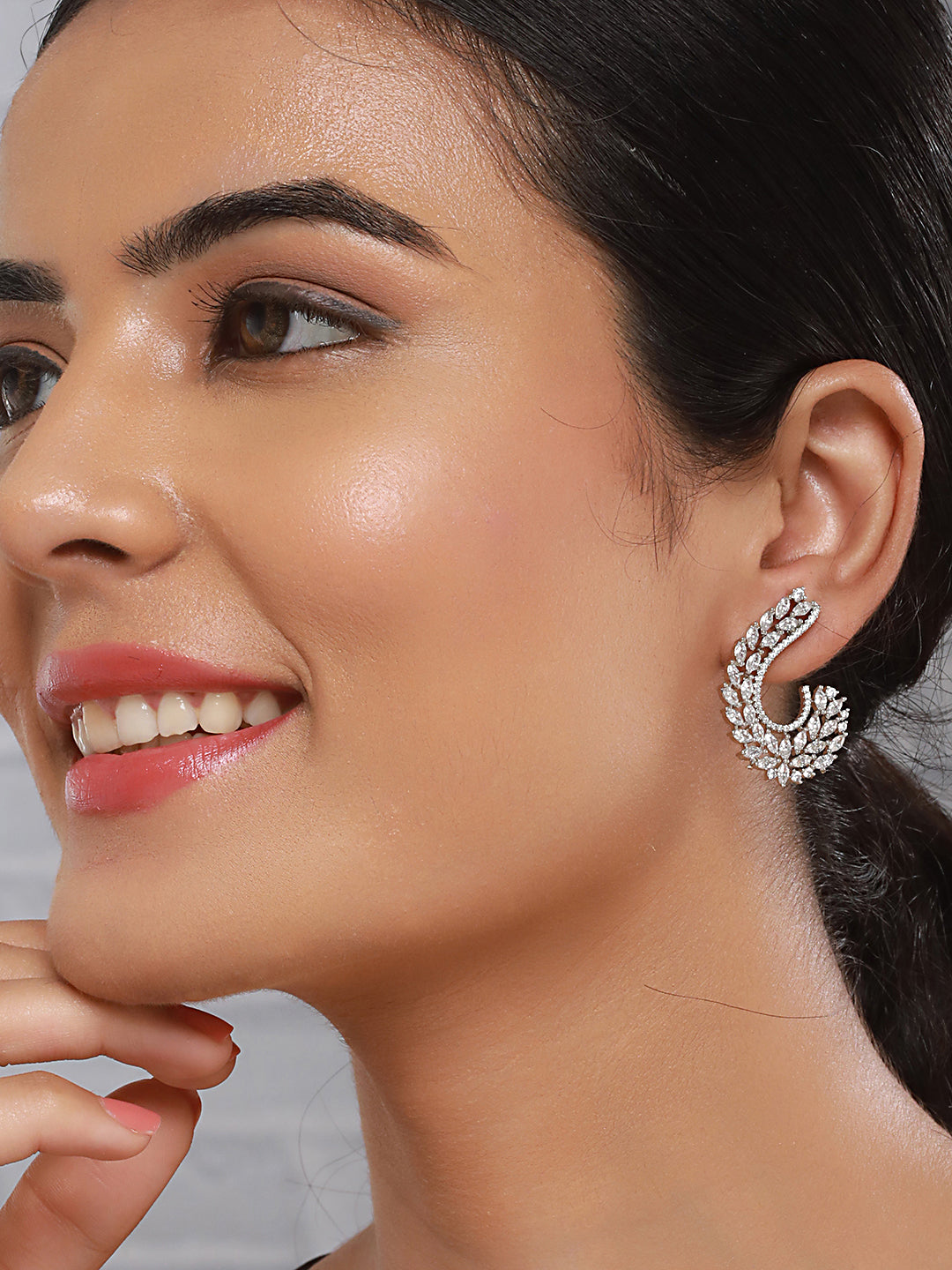 Silver Toned Zircon Studded Handcrafted Feather Shaped C Hoop Earrings