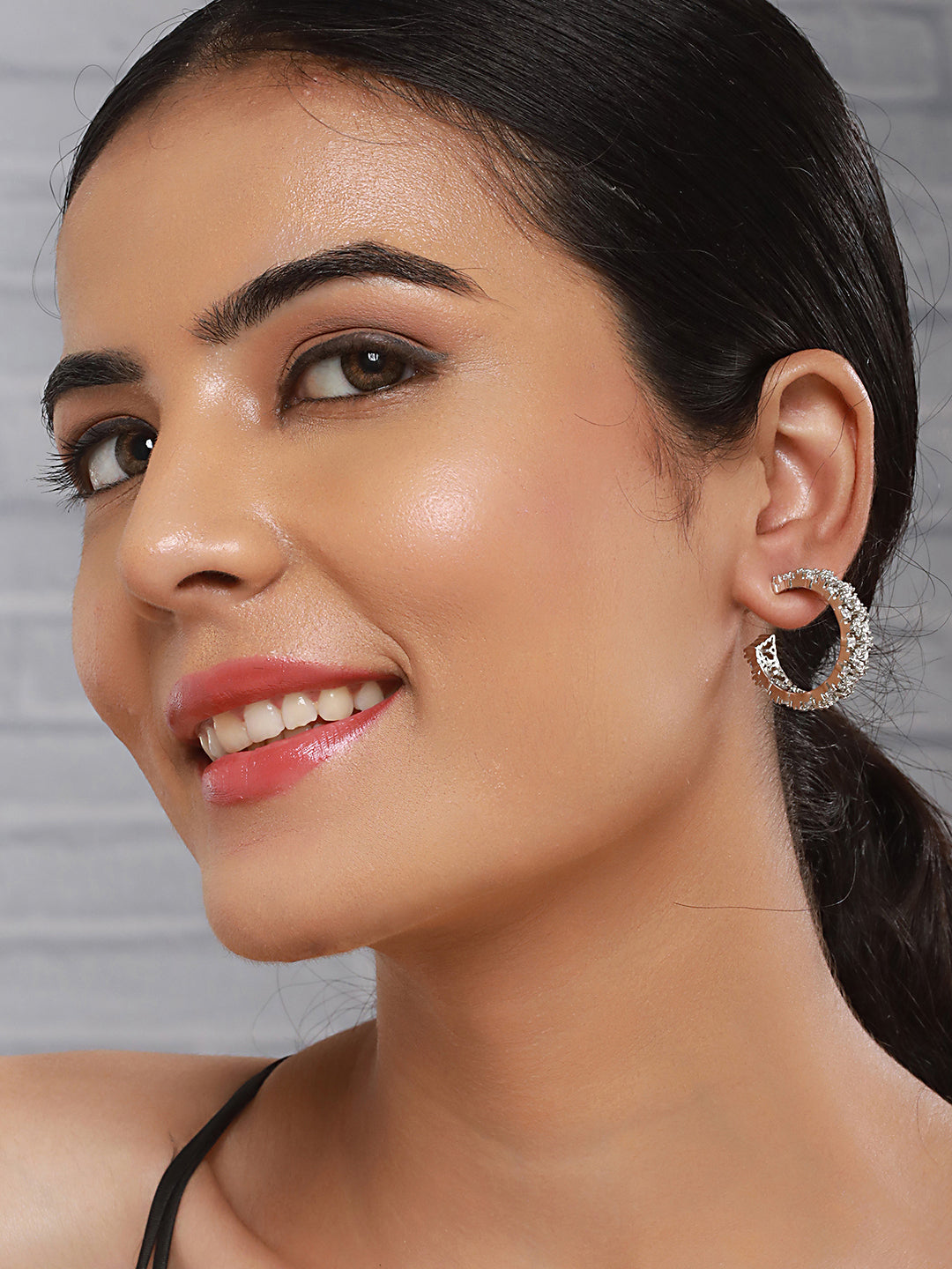 Silver Plated Zircon Studded Minimal Half C Hoops Earrings