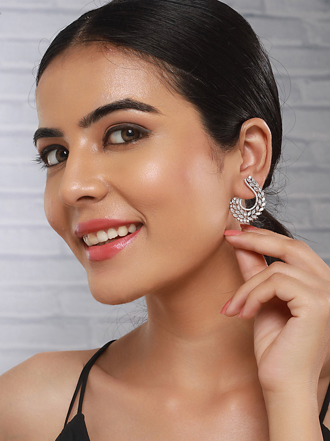 Silver Toned Zircon Studded Handcrafted Feather Shaped C Hoop Earrings