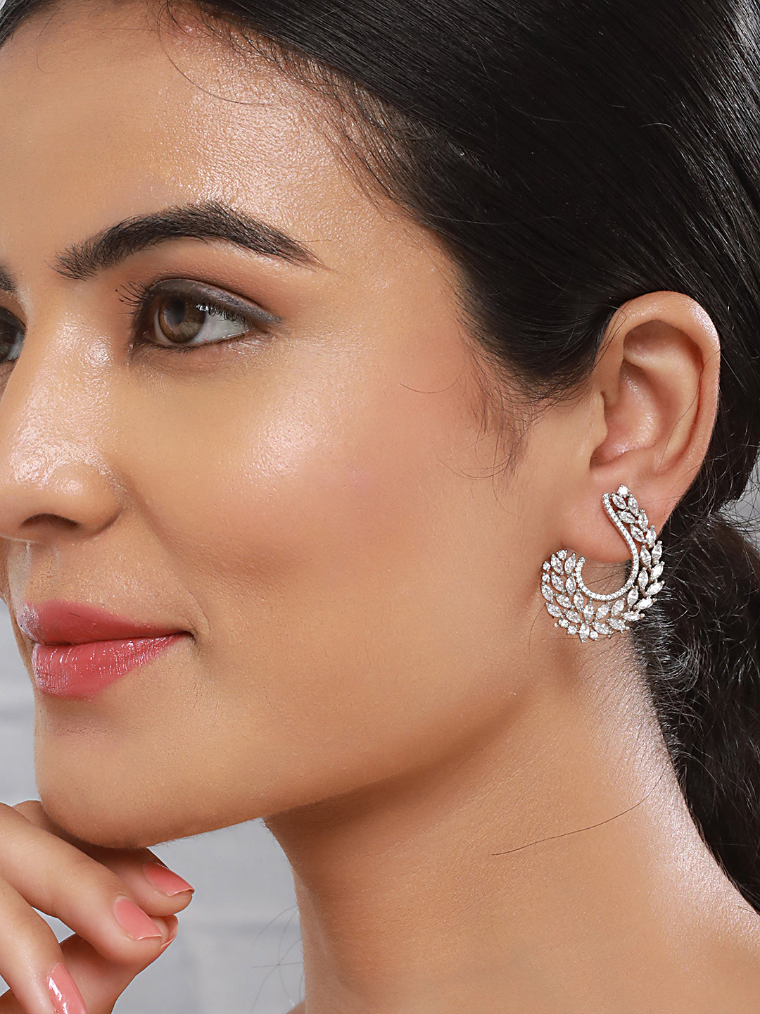 Silver Toned Zircon Studded Handcrafted Feather Shaped C Hoop Earrings