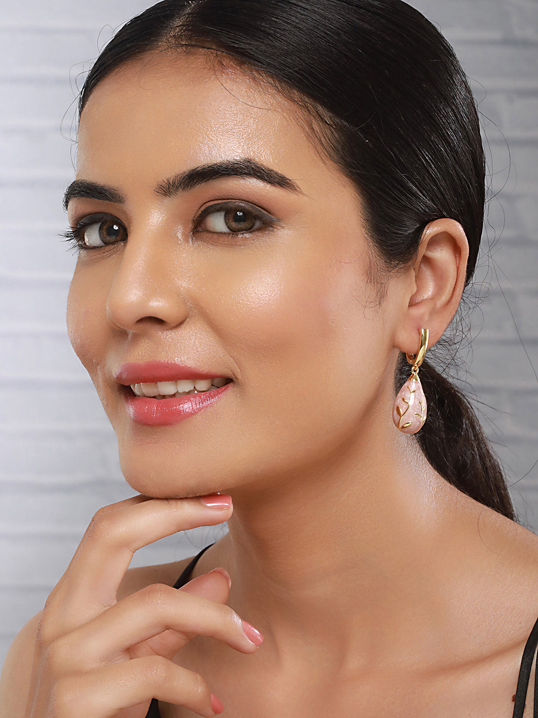 Anti-Tarnish 18 K Gold Plated & Enamelled Tear Shaped Floral Hoop Earrings