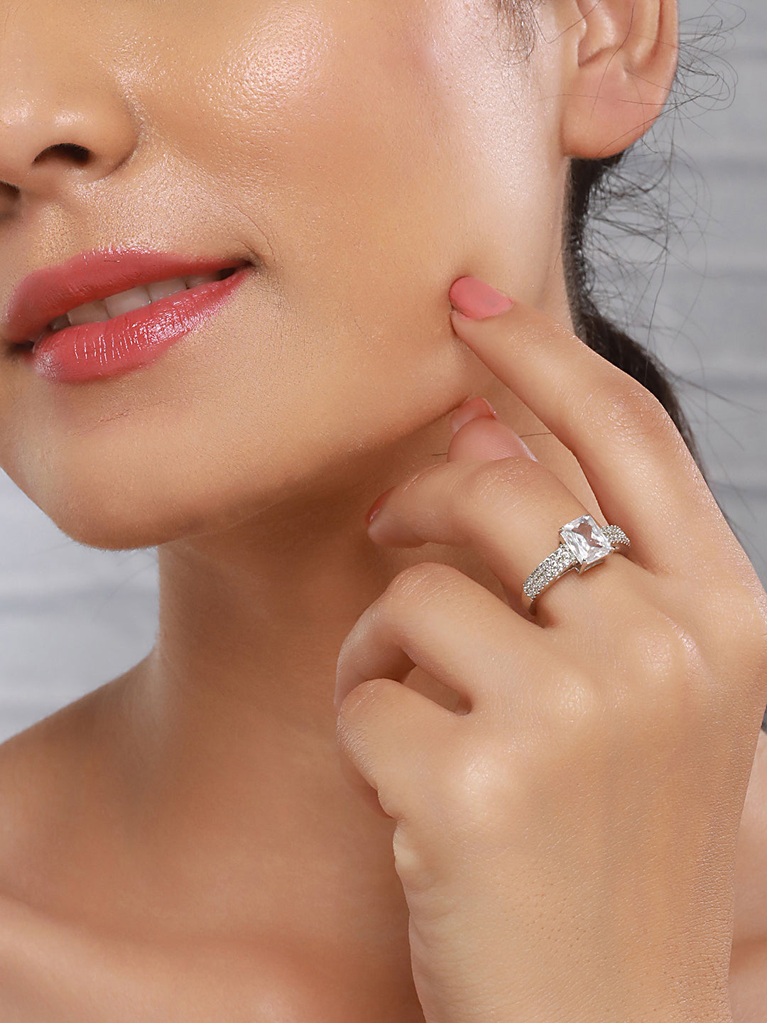 Silver Plated AD Studded Solitaire Delicate Engagement Finger Band  Ring