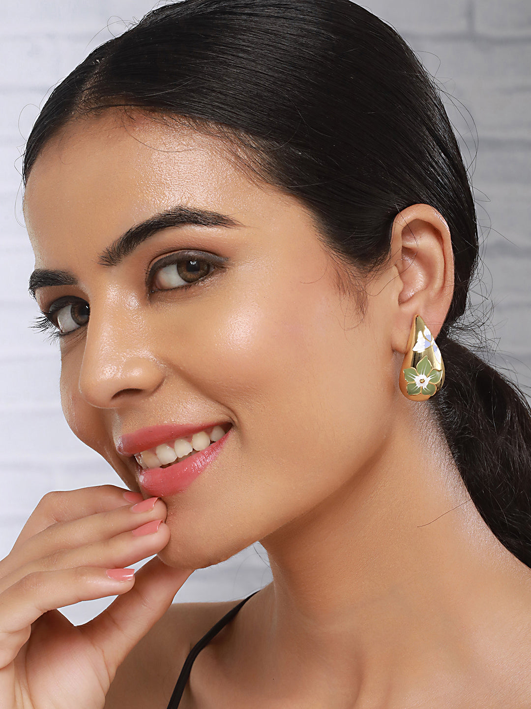 Anti-Tarnish Gold Plated & Enamelled Floral Tear Shaped Studds Earrings