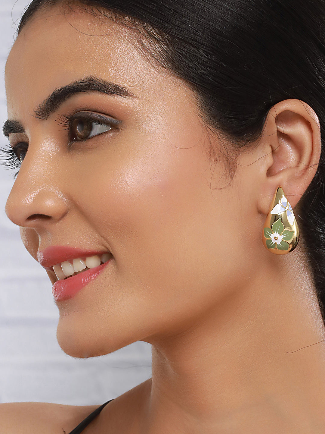 Anti-Tarnish Gold Plated & Enamelled Floral Tear Shaped Studds Earrings