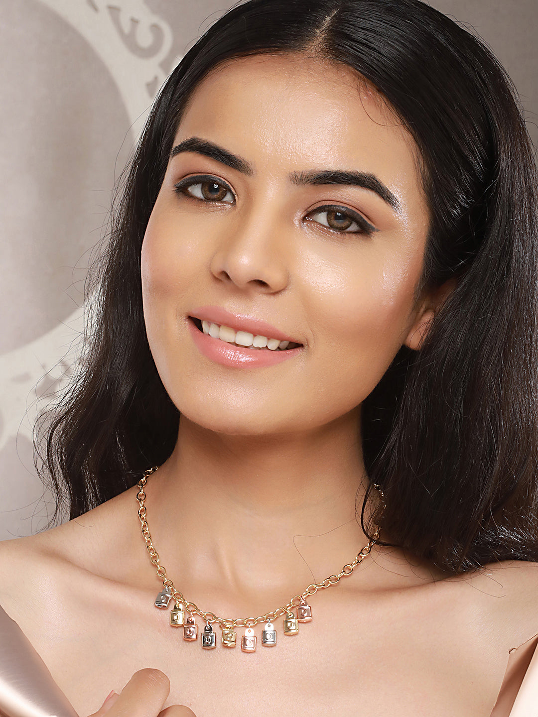 Anti-Tarnish Gold Plated Engraved Lock Pendant Link Chain  Necklace