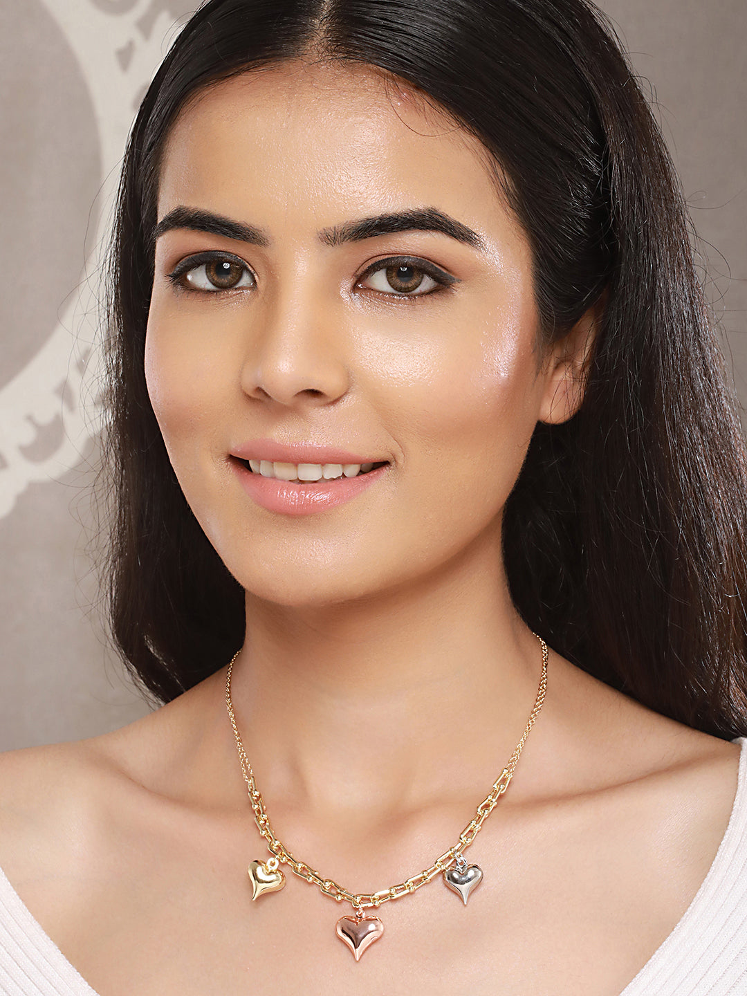 Anti-Tarnish Gold Plated 3 Toned Heart Shaped Chunky Link Chain Necklace