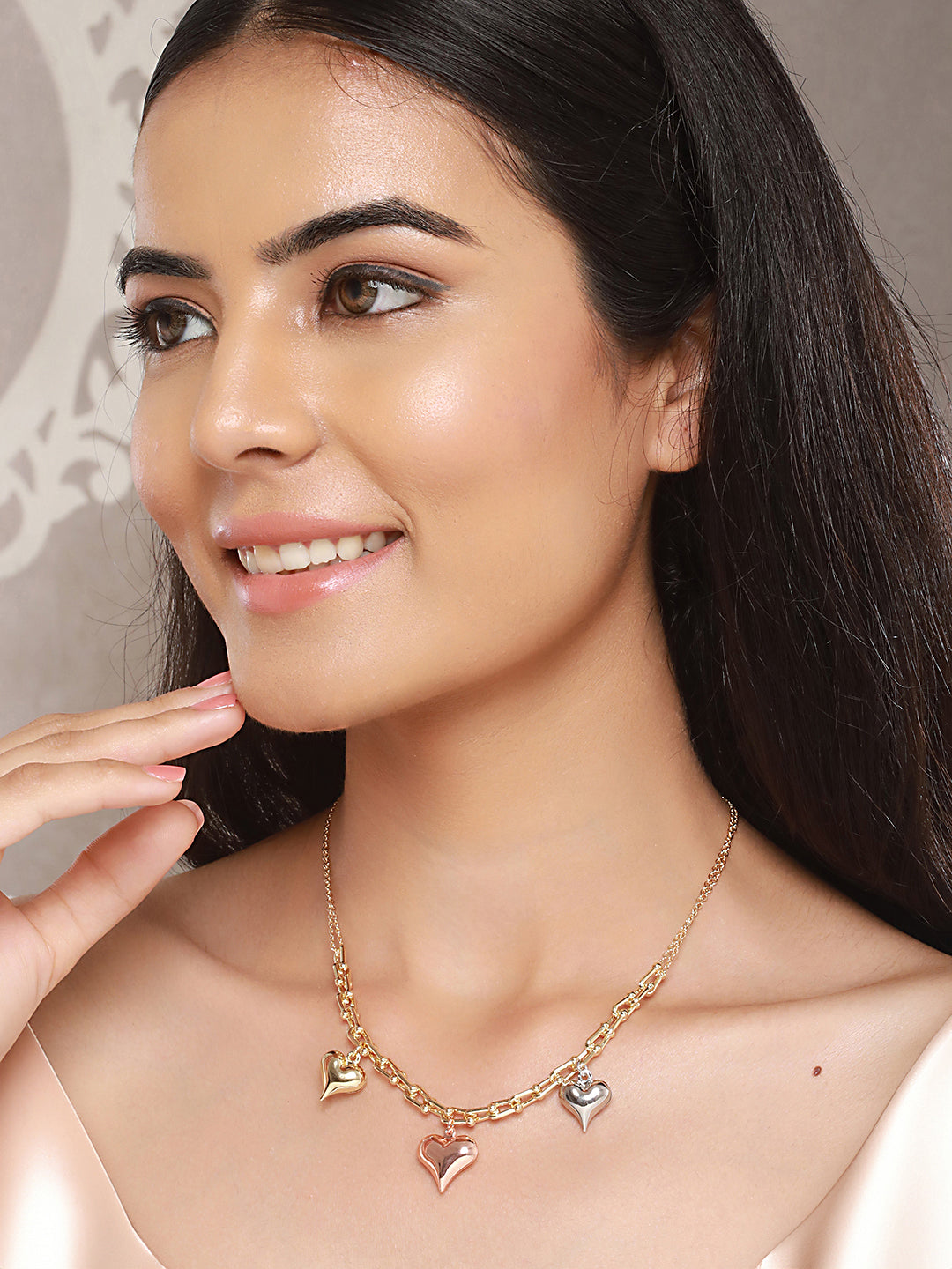 Anti-Tarnish Gold Plated 3 Toned Heart Shaped Chunky Link Chain Necklace