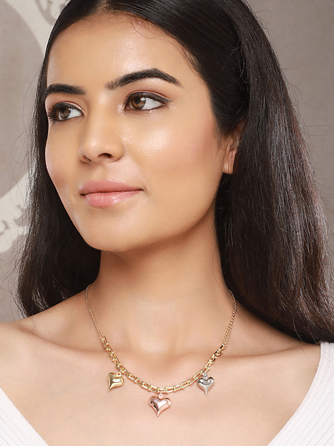 Anti-Tarnish Gold Plated 3 Toned Heart Shaped Chunky Link Chain Necklace