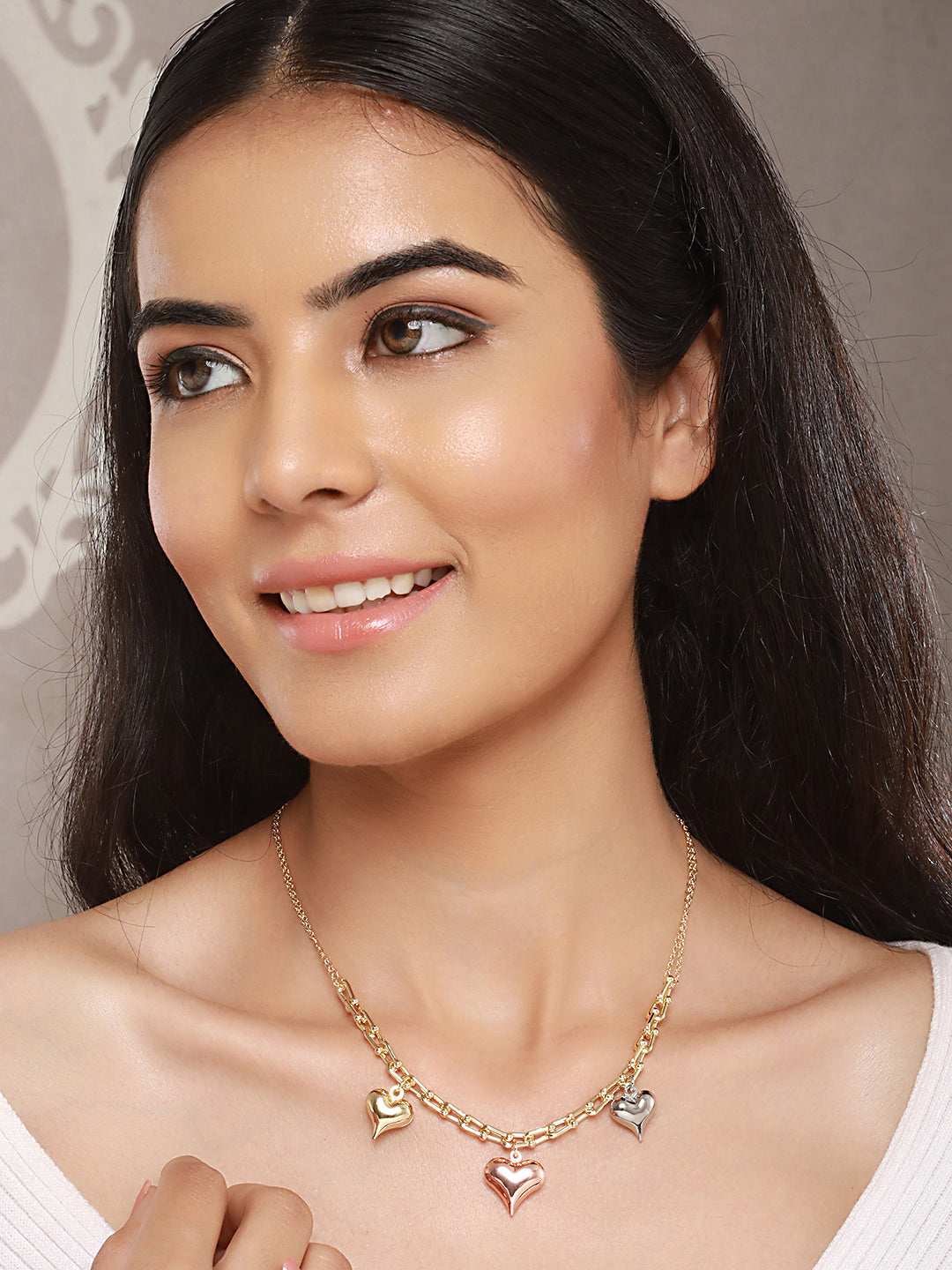 Anti-Tarnish Gold Plated 3 Toned Heart Shaped Chunky Link Chain Necklace