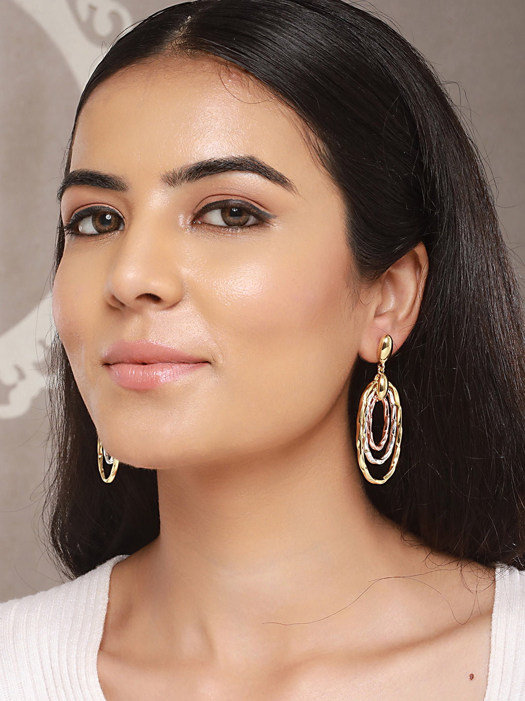 Anti-Tarnish 3 Toned Twisted Elliptical Concentric Ring Hoop Earrings