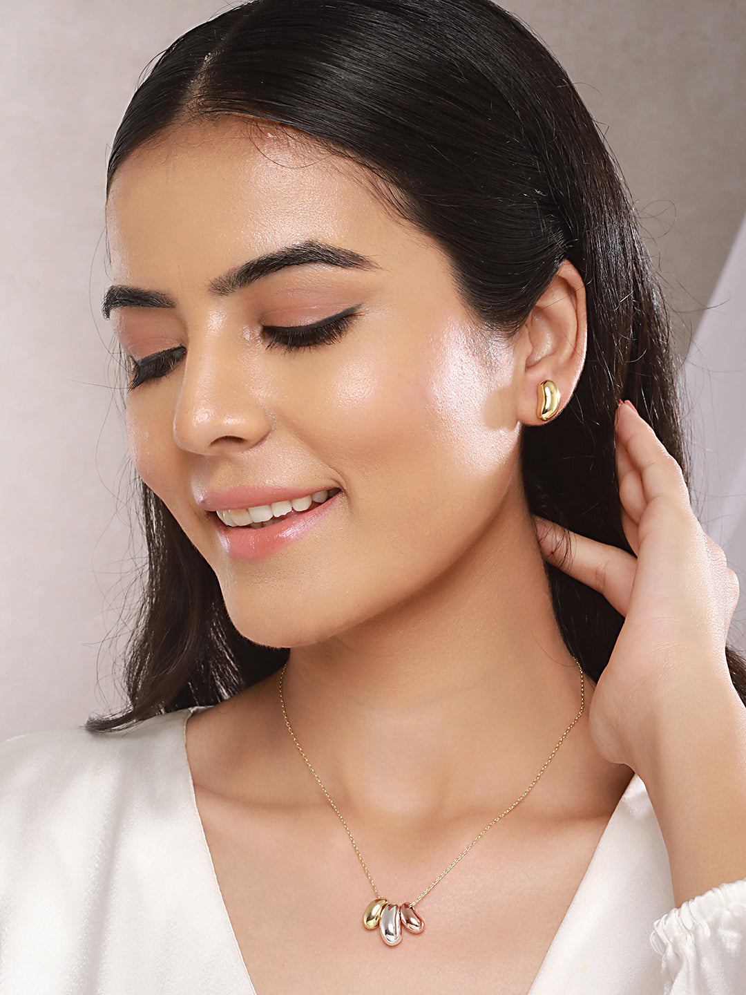 Anti-Tarnish Gold Plated 3 Toned Chunky Dome Shaped Locket Jewellery Set